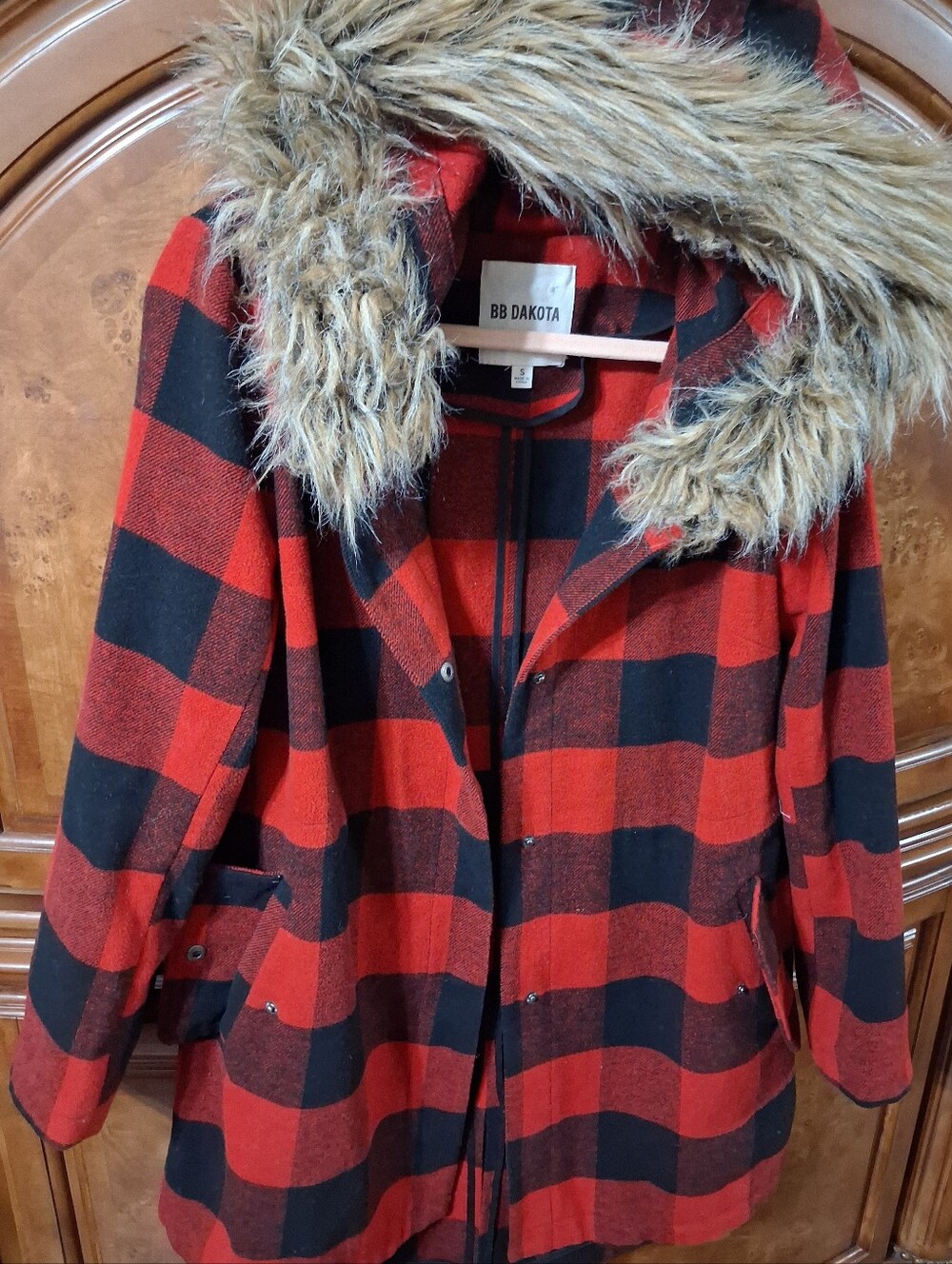 BB Dakota Red and Black Plaid Hooded Coat with Faux-Fur Trim